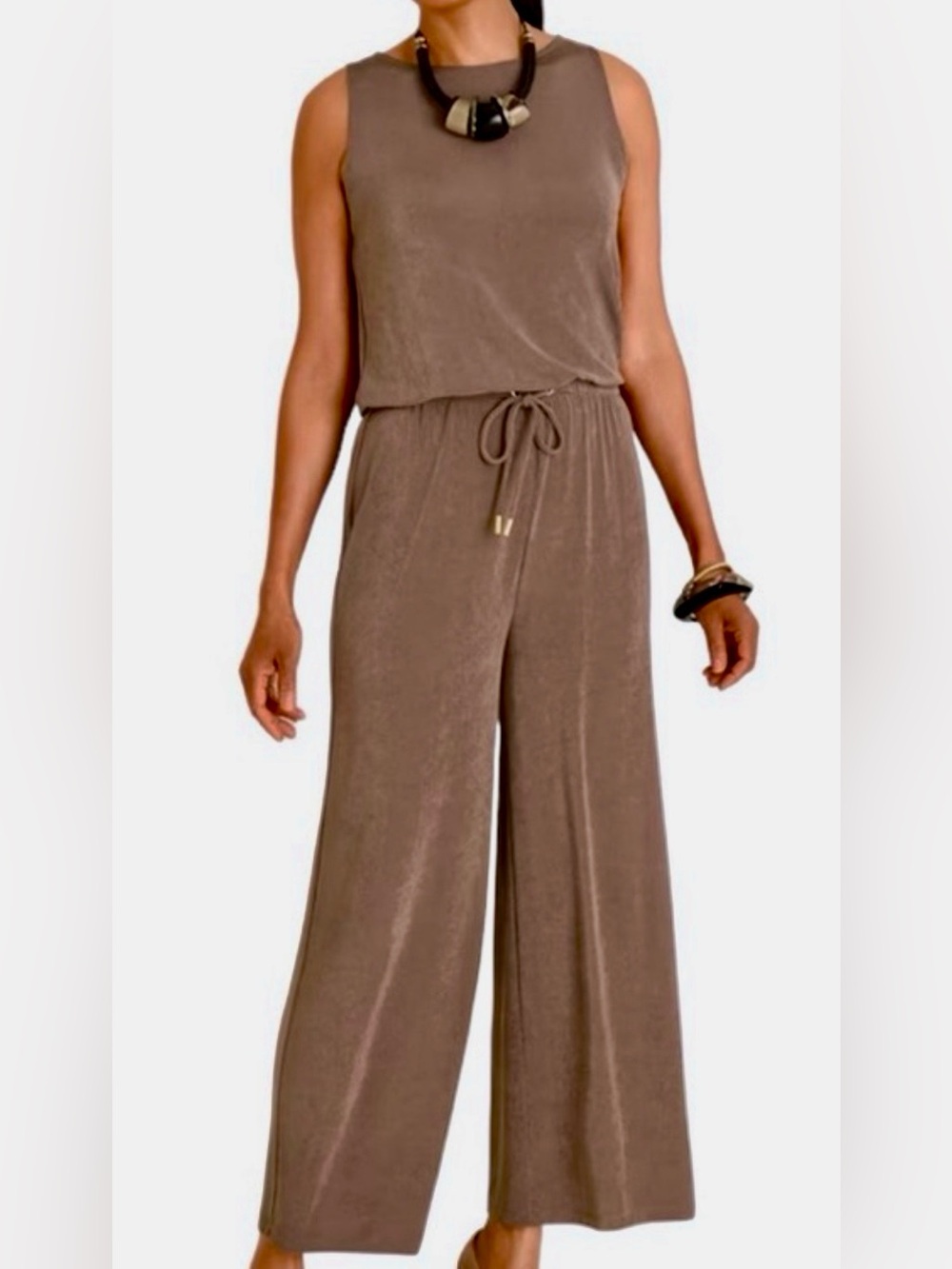 Chico's Travelers Jumpsuit Deep Taupe Tie Waist Slinky Stretchy Size S